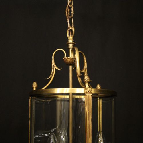 FRENCH GILDED TRIPLE LIGHT CONVEX ANTIQUE HALL LANTERN - ADDITIONAL PHOTO 1