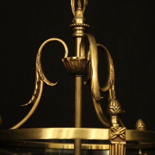 FRENCH GILDED TRIPLE LIGHT CONVEX ANTIQUE HALL LANTERN - ADDITIONAL PHOTO 5
