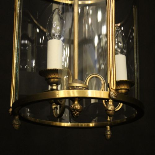 FRENCH GILDED TRIPLE LIGHT CONVEX ANTIQUE HALL LANTERN - ADDITIONAL PHOTO 8