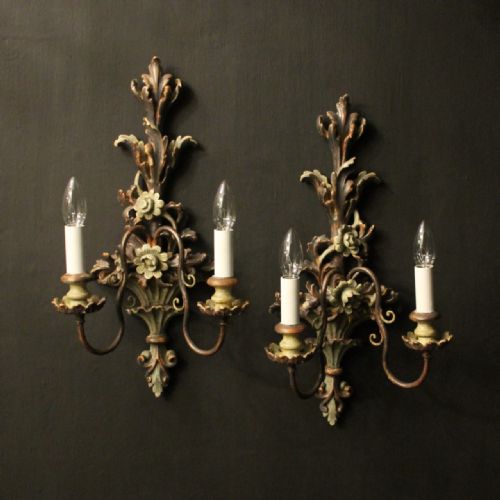 italian pair of polychrome gilded antique wall lights - CATEGORY: ANTIQUE LIGHTING - DATED 1920