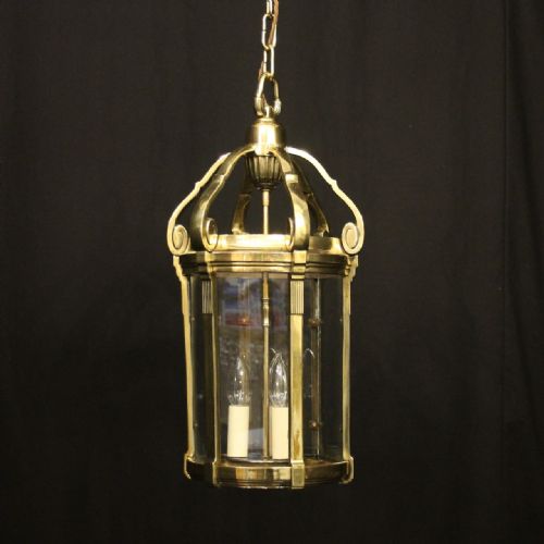 french brass triple light antique hall lantern - CATEGORY: ANTIQUE LIGHTING - DATED 1930
