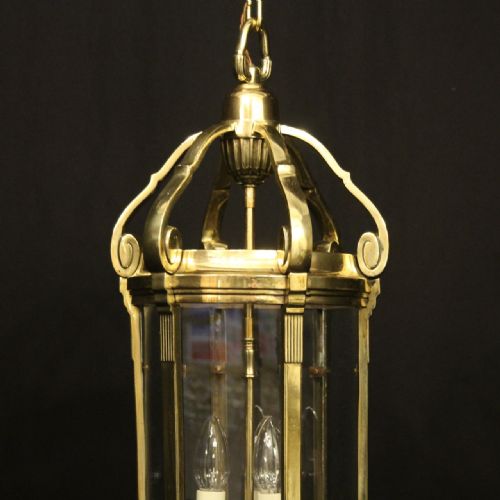 FRENCH BRASS TRIPLE LIGHT ANTIQUE HALL LANTERN - ADDITIONAL PHOTO 1