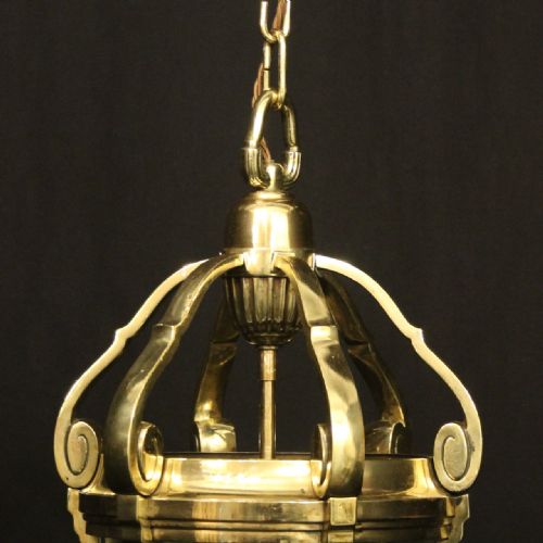 FRENCH BRASS TRIPLE LIGHT ANTIQUE HALL LANTERN - ADDITIONAL PHOTO 2