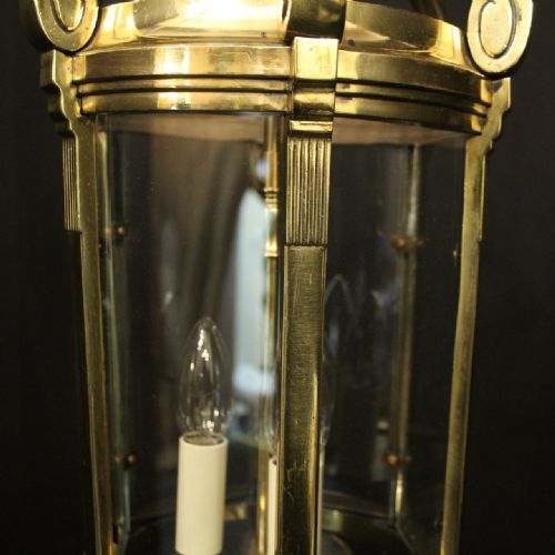 FRENCH BRASS TRIPLE LIGHT ANTIQUE HALL LANTERN - ADDITIONAL PHOTO 3