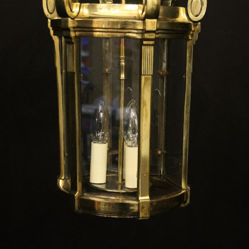 FRENCH BRASS TRIPLE LIGHT ANTIQUE HALL LANTERN - ADDITIONAL PHOTO 4