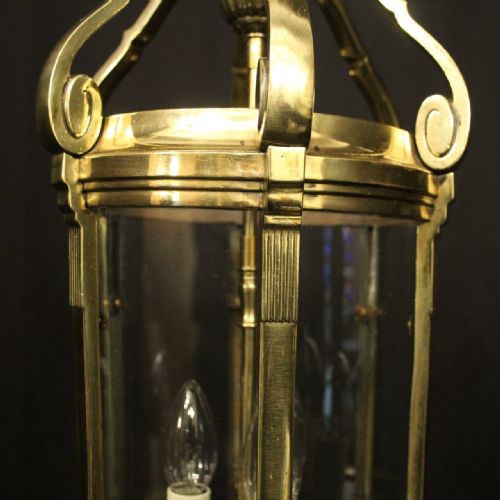 FRENCH BRASS TRIPLE LIGHT ANTIQUE HALL LANTERN - ADDITIONAL PHOTO 5
