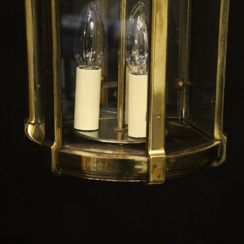 FRENCH BRASS TRIPLE LIGHT ANTIQUE HALL LANTERN - ADDITIONAL PHOTO 6