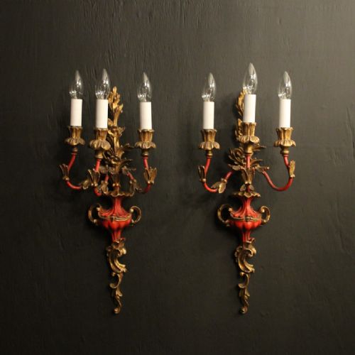 italian pair of polychrome triple arm giltwood antique wall lights - CATEGORY: ANTIQUE LIGHTING - DATED 1920