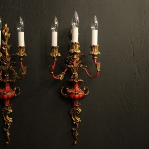 ITALIAN PAIR OF POLYCHROME TRIPLE ARM GILTWOOD ANTIQUE WALL LIGHTS - ADDITIONAL PHOTO 1