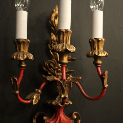 ITALIAN PAIR OF POLYCHROME TRIPLE ARM GILTWOOD ANTIQUE WALL LIGHTS - ADDITIONAL PHOTO 2