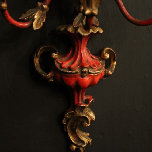 ITALIAN PAIR OF POLYCHROME TRIPLE ARM GILTWOOD ANTIQUE WALL LIGHTS - ADDITIONAL PHOTO 7