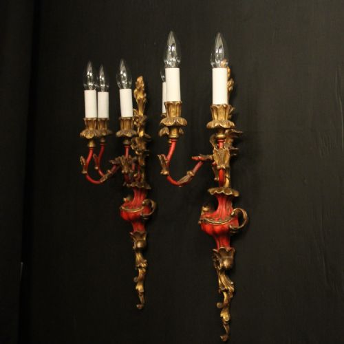ITALIAN PAIR OF POLYCHROME TRIPLE ARM GILTWOOD ANTIQUE WALL LIGHTS - ADDITIONAL PHOTO 9
