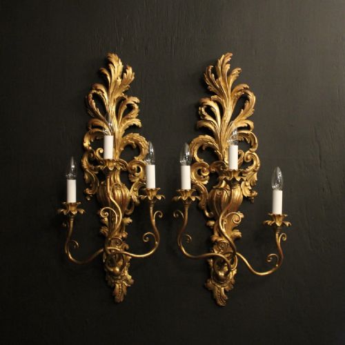 italian pair of giltwood triple arm antique wall lights - CATEGORY: ANTIQUE LIGHTING - DATED 1920