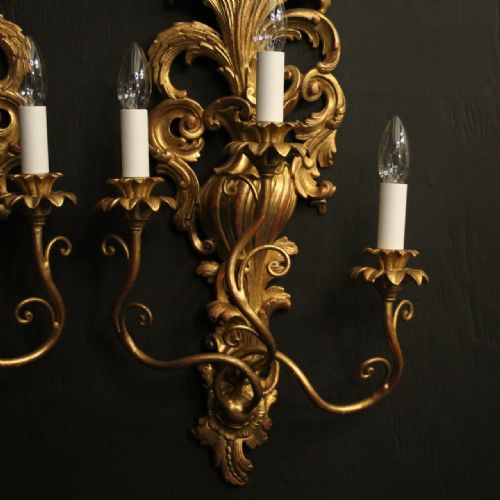 ITALIAN PAIR OF GILTWOOD TRIPLE ARM ANTIQUE WALL LIGHTS - ADDITIONAL PHOTO 1