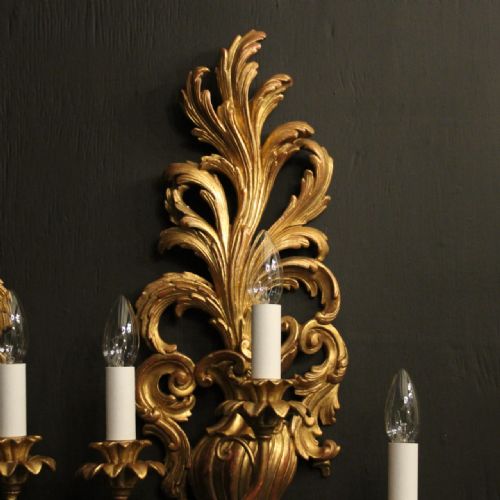 ITALIAN PAIR OF GILTWOOD TRIPLE ARM ANTIQUE WALL LIGHTS - ADDITIONAL PHOTO 2