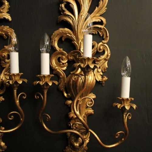 ITALIAN PAIR OF GILTWOOD TRIPLE ARM ANTIQUE WALL LIGHTS - ADDITIONAL PHOTO 4
