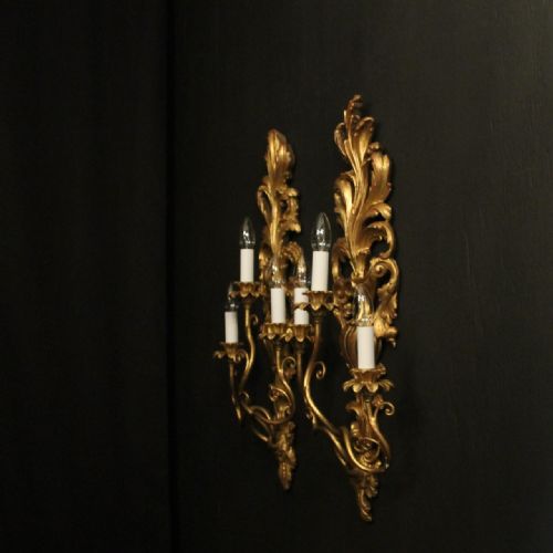 ITALIAN PAIR OF GILTWOOD TRIPLE ARM ANTIQUE WALL LIGHTS - ADDITIONAL PHOTO 9