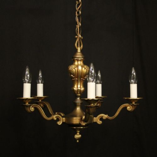 french gilded brass 5 light antique chandelier - CATEGORY: ANTIQUE LIGHTING - DATED 1920