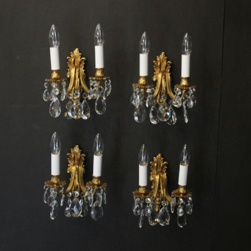 french set of 4 gilded crystal twin arm wall lights - CATEGORY: ANTIQUE LIGHTING - DATED 1920