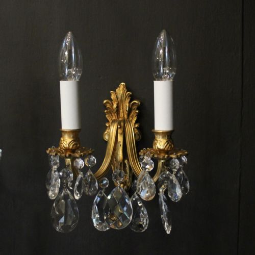 FRENCH SET OF 4 GILDED CRYSTAL TWIN ARM WALL LIGHTS - ADDITIONAL PHOTO 1