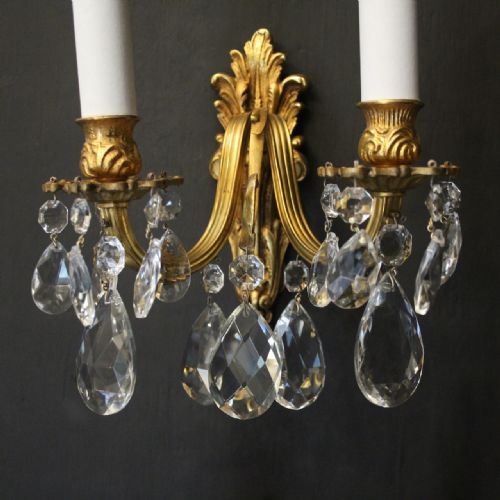 FRENCH SET OF 4 GILDED CRYSTAL TWIN ARM WALL LIGHTS - ADDITIONAL PHOTO 2