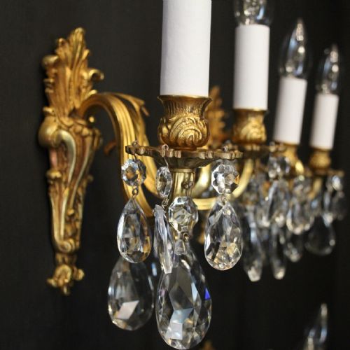 FRENCH SET OF 4 GILDED CRYSTAL TWIN ARM WALL LIGHTS - ADDITIONAL PHOTO 4