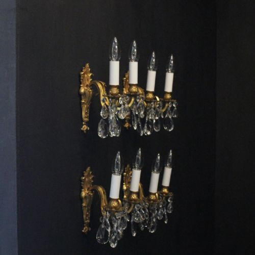 FRENCH SET OF 4 GILDED CRYSTAL TWIN ARM WALL LIGHTS - ADDITIONAL PHOTO 9