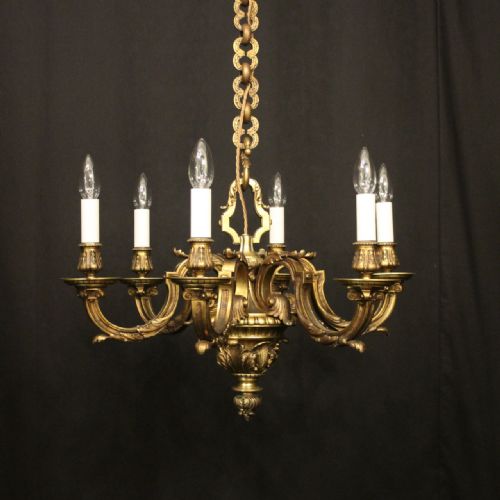 quality french 19th c gilded bronze 6 light antique chandelier - CATEGORY: ANTIQUE LIGHTING - DATED 19TH CENTURY