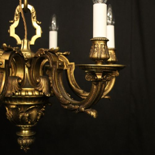 QUALITY FRENCH 19TH C GILDED BRONZE 6 LIGHT ANTIQUE CHANDELIER - ADDITIONAL PHOTO 1