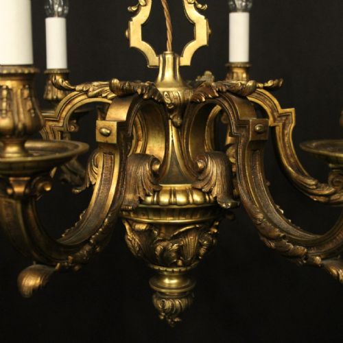 QUALITY FRENCH 19TH C GILDED BRONZE 6 LIGHT ANTIQUE CHANDELIER - ADDITIONAL PHOTO 3