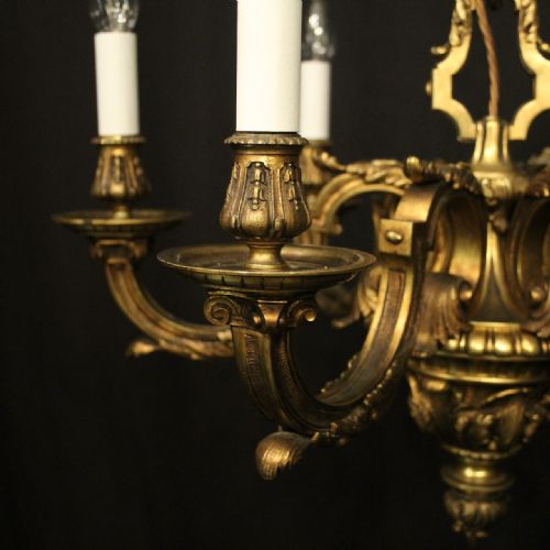 QUALITY FRENCH 19TH C GILDED BRONZE 6 LIGHT ANTIQUE CHANDELIER - ADDITIONAL PHOTO 4