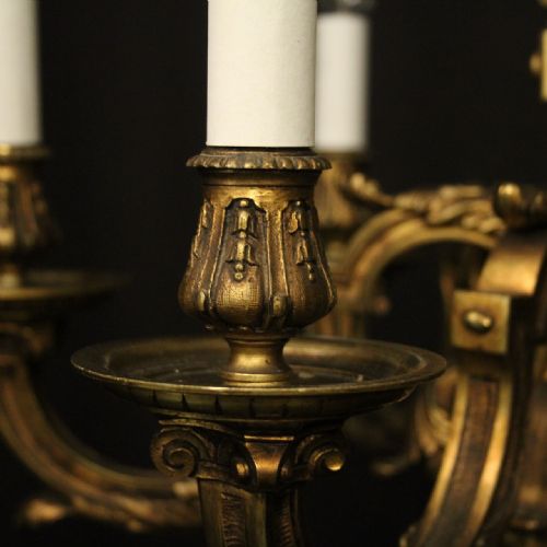 QUALITY FRENCH 19TH C GILDED BRONZE 6 LIGHT ANTIQUE CHANDELIER - ADDITIONAL PHOTO 6