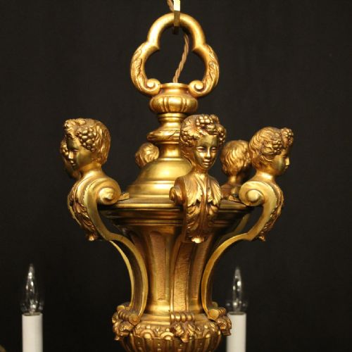 FRENCH 19TH C GILDED BRONZE 6 LIGHT ANTIQUE CHANDELIER - ADDITIONAL PHOTO 5