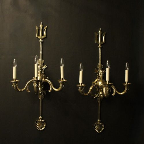 english large brass triple arm antique wall lights - CATEGORY: ANTIQUE LIGHTING - DATED 19TH CENTURY