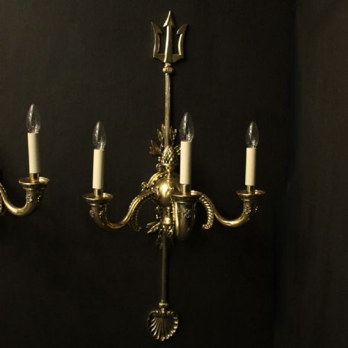ENGLISH LARGE BRASS TRIPLE ARM ANTIQUE WALL LIGHTS - ADDITIONAL PHOTO 1