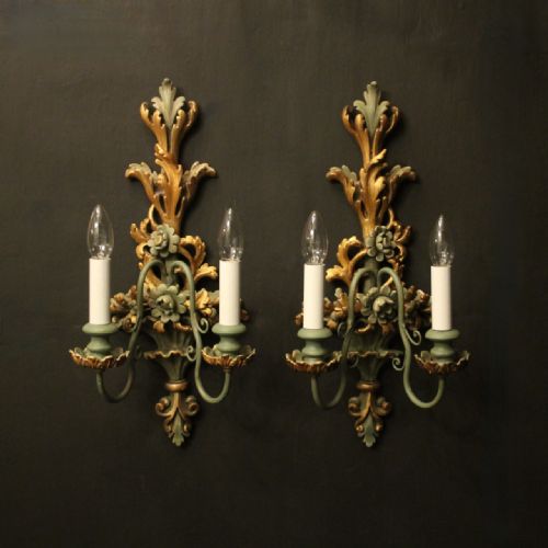 italian pair of polychrome gilded wall lights - CATEGORY: ANTIQUE LIGHTING - DATED 1930