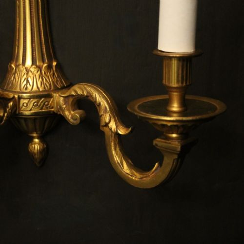 FRENCH PAIR OF GILDED BRONZE TWIN ARM ANTIQUE WALL LIGHTS - ADDITIONAL PHOTO 2