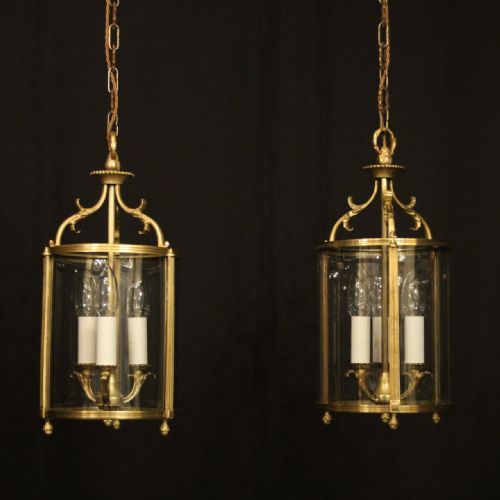 french pair of triple light gilded convex antique lanterns - CATEGORY: ANTIQUE LIGHTING - DATED 1920