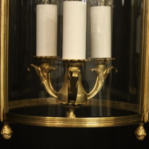 FRENCH PAIR OF TRIPLE LIGHT GILDED CONVEX ANTIQUE LANTERNS - ADDITIONAL PHOTO 8