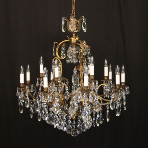 french gilded bronze crystal 21 light antique chandelier - CATEGORY: ANTIQUE LIGHTING - DATED 1920