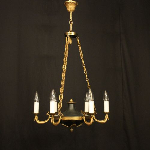 french gilded brass empire 6 light antique chandelier - CATEGORY: ANTIQUE LIGHTING - DATED 1920