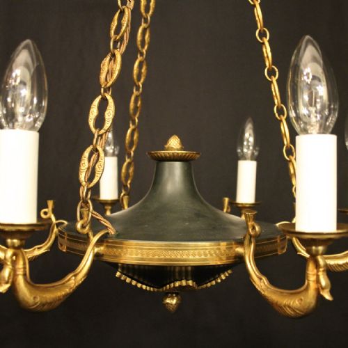 FRENCH GILDED BRASS EMPIRE 6 LIGHT ANTIQUE CHANDELIER - ADDITIONAL PHOTO 5