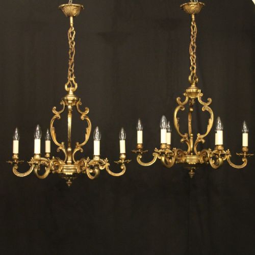 french pair of gilded bronze 6 light antique chandeliers - CATEGORY: ANTIQUE LIGHTING - DATED 1920
