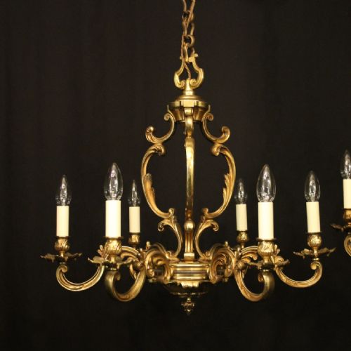 FRENCH PAIR OF GILDED BRONZE 6 LIGHT ANTIQUE CHANDELIERS - ADDITIONAL PHOTO 1