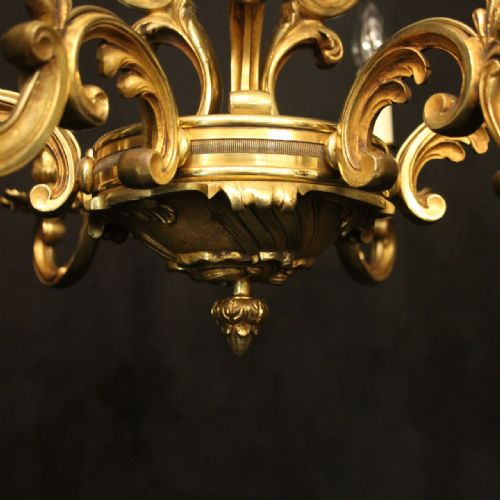 FRENCH PAIR OF GILDED BRONZE 6 LIGHT ANTIQUE CHANDELIERS - ADDITIONAL PHOTO 3