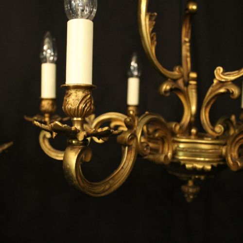 FRENCH PAIR OF GILDED BRONZE 6 LIGHT ANTIQUE CHANDELIERS - ADDITIONAL PHOTO 4