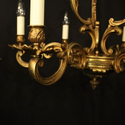 FRENCH PAIR OF GILDED BRONZE 6 LIGHT ANTIQUE CHANDELIERS - ADDITIONAL PHOTO 5
