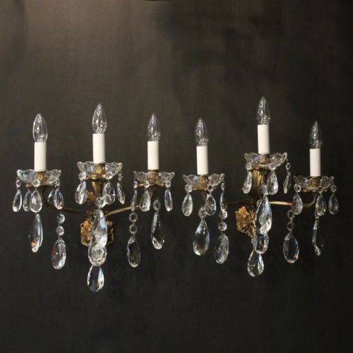 french pair of gilded bronze crystal triple arm wall lights - CATEGORY: ANTIQUE LIGHTING - DATED 1920