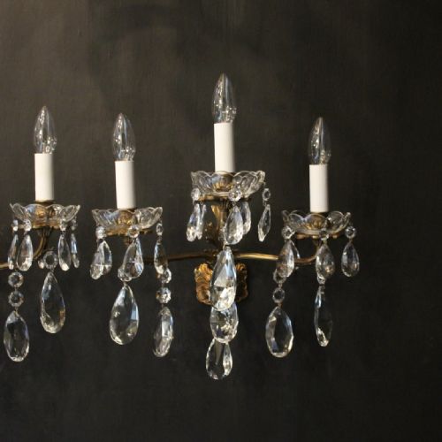 FRENCH PAIR OF GILDED BRONZE CRYSTAL TRIPLE ARM WALL LIGHTS - ADDITIONAL PHOTO 1