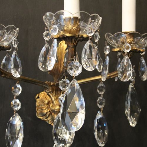 FRENCH PAIR OF GILDED BRONZE CRYSTAL TRIPLE ARM WALL LIGHTS - ADDITIONAL PHOTO 2